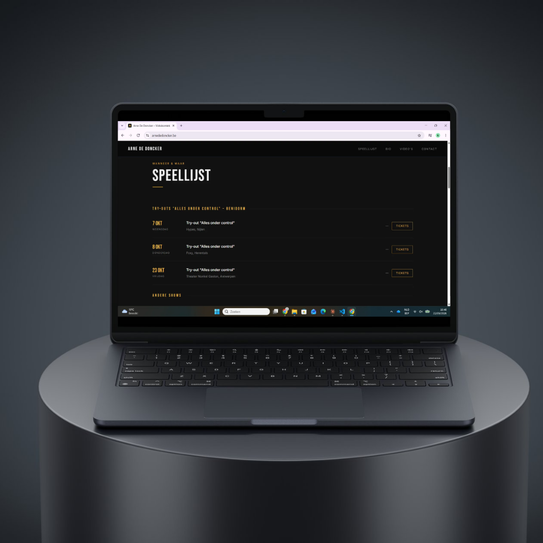 Speellijst pagina van de website van Arne De Doncker — overzicht van aankomende shows