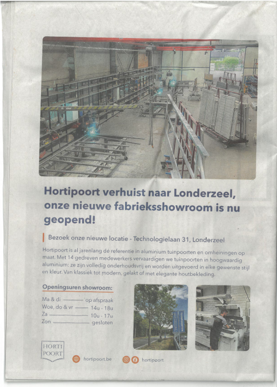 Hortipoort advertentie in Publinieuws – opening nieuwe fabrieksshowroom
